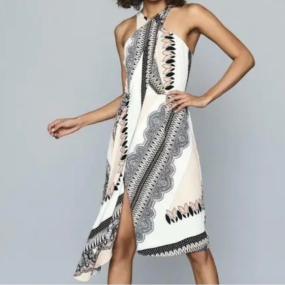 Reiss Hope Scarf Print Strappy Back Halter Neck Asymmetrical Dress Size 10 - Picture 1 of 14